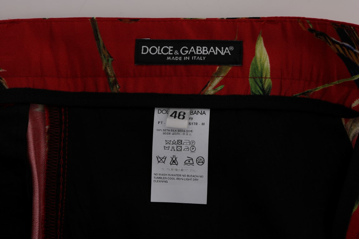  - Elegant Silk Dress Trousers in Red Bird Print