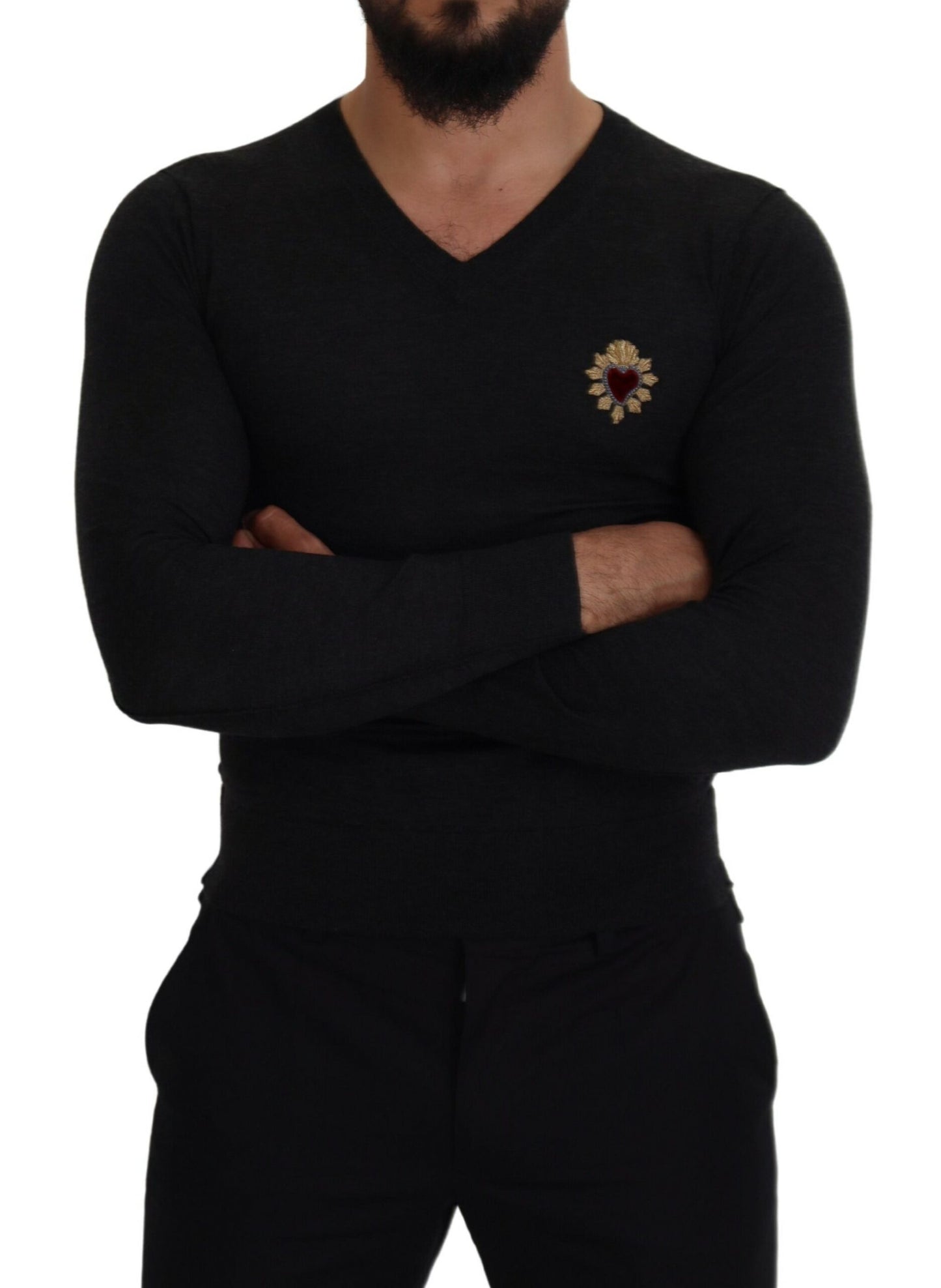 V-Neck Cashmere Sweater with Heart Embroidery - The Luxe Alliance