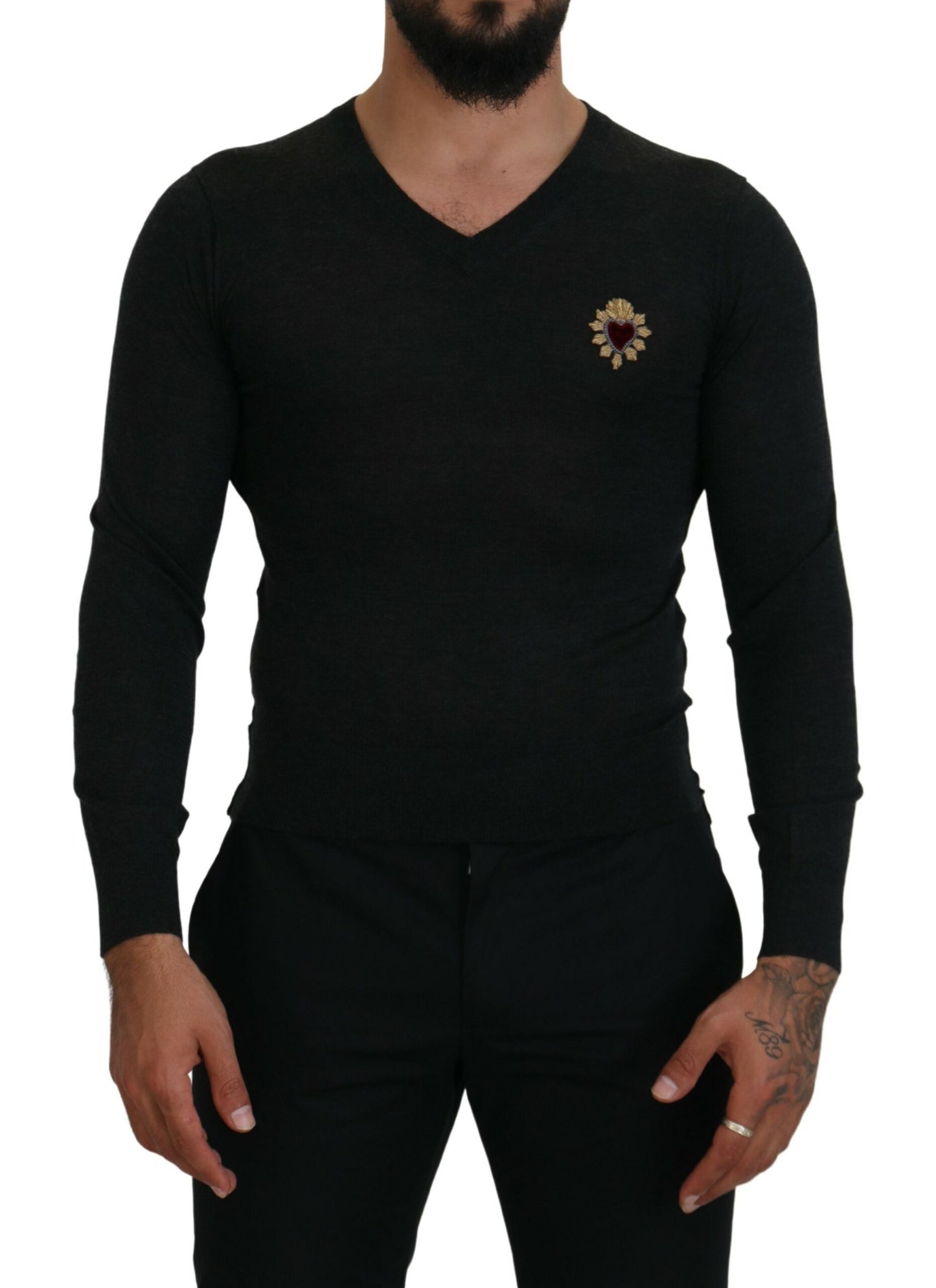 V-Neck Cashmere Sweater with Heart Embroidery - The Luxe Alliance