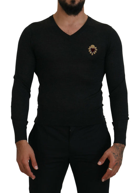 V-Neck Cashmere Sweater with Heart Embroidery - The Luxe Alliance