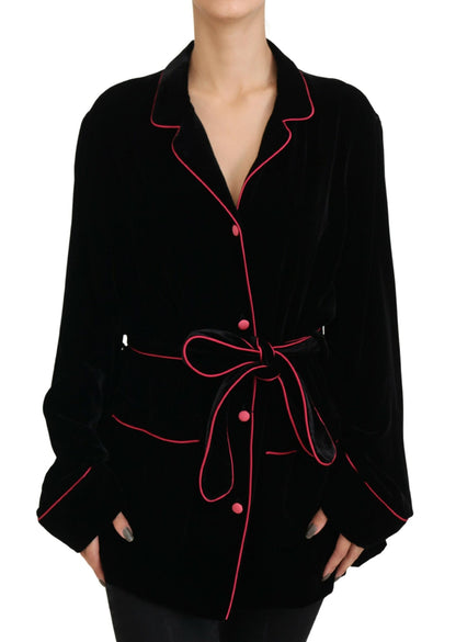  - Elegant Black Silk-Blend Jacket with Waist Belt