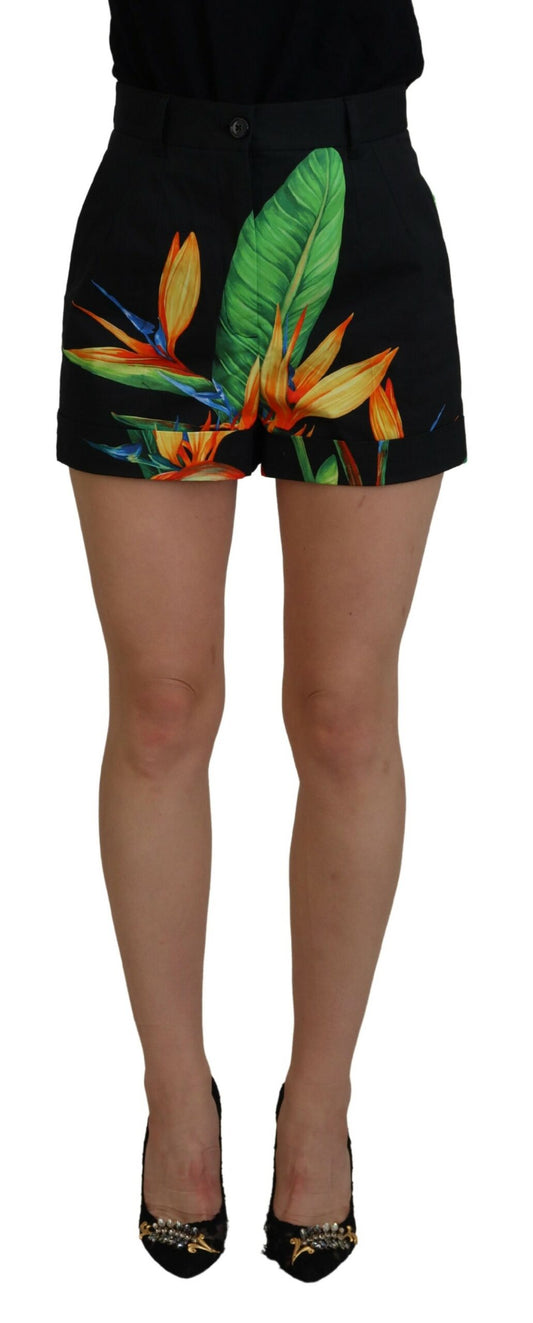  - High Waist Hot Pants Shorts in Black Leaves Print