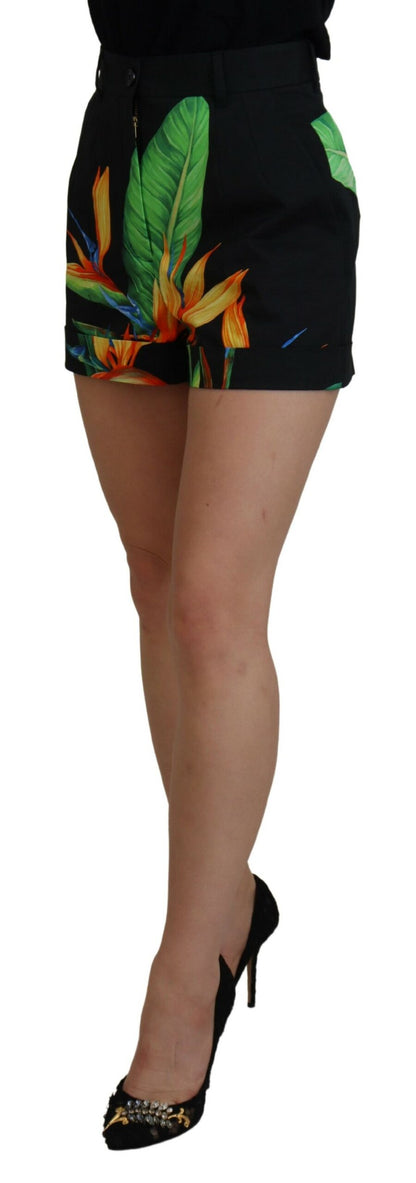  - High Waist Hot Pants Shorts in Black Leaves Print