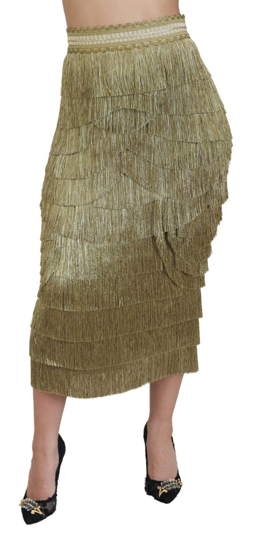  - Golden High Waist Tiered Midi Skirt