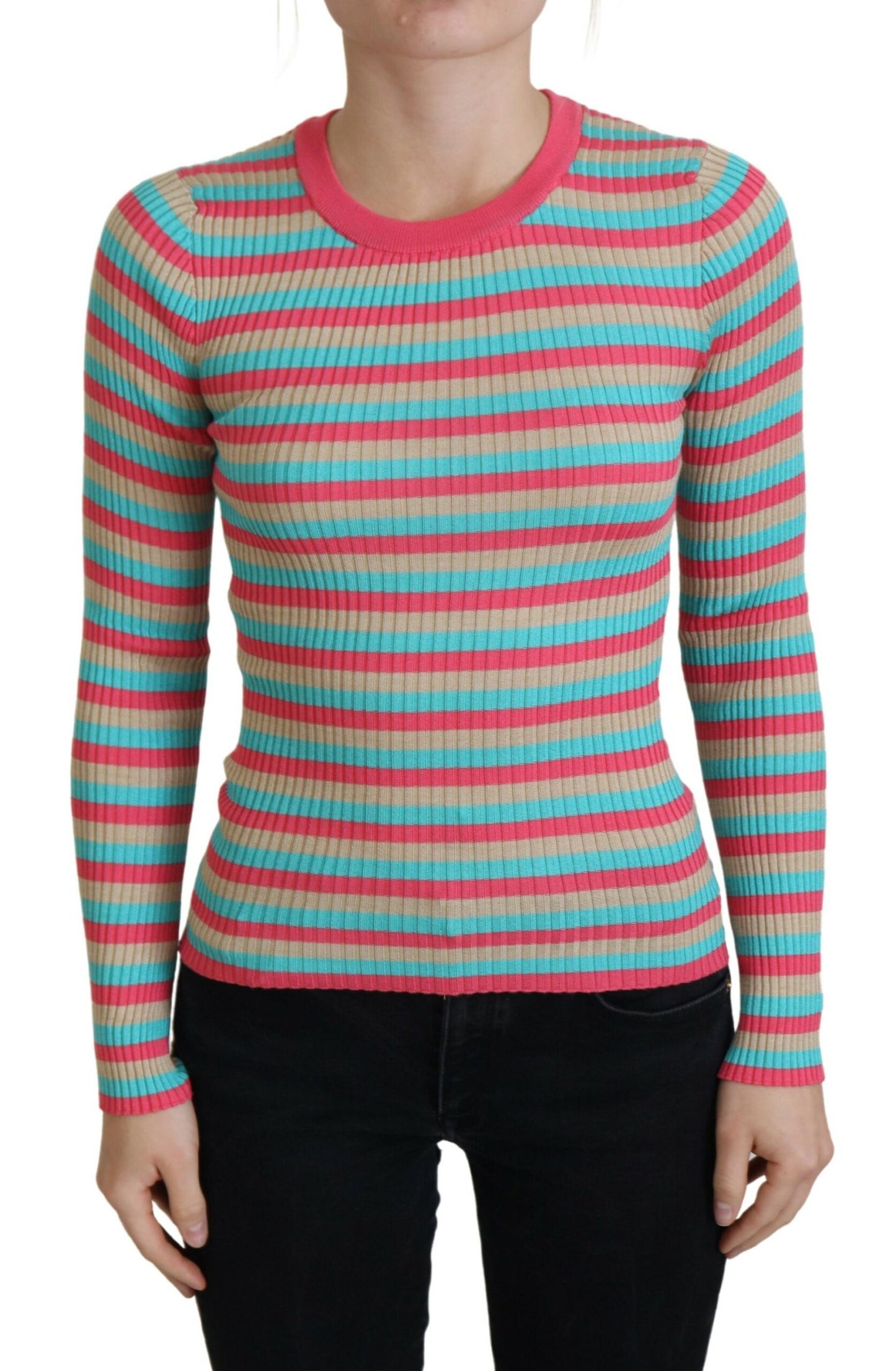  - Elegant Striped Silk Crewneck Pullover