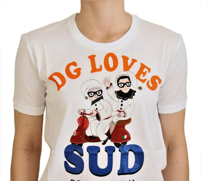  - Elegant White Crew Neck Tee with Colorful Print