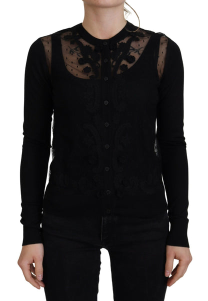  - Elegant Black Floral Lace Cardigan Sweater