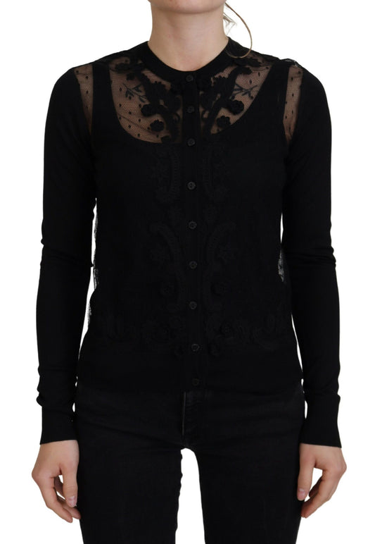  - Elegant Black Floral Lace Cardigan Sweater