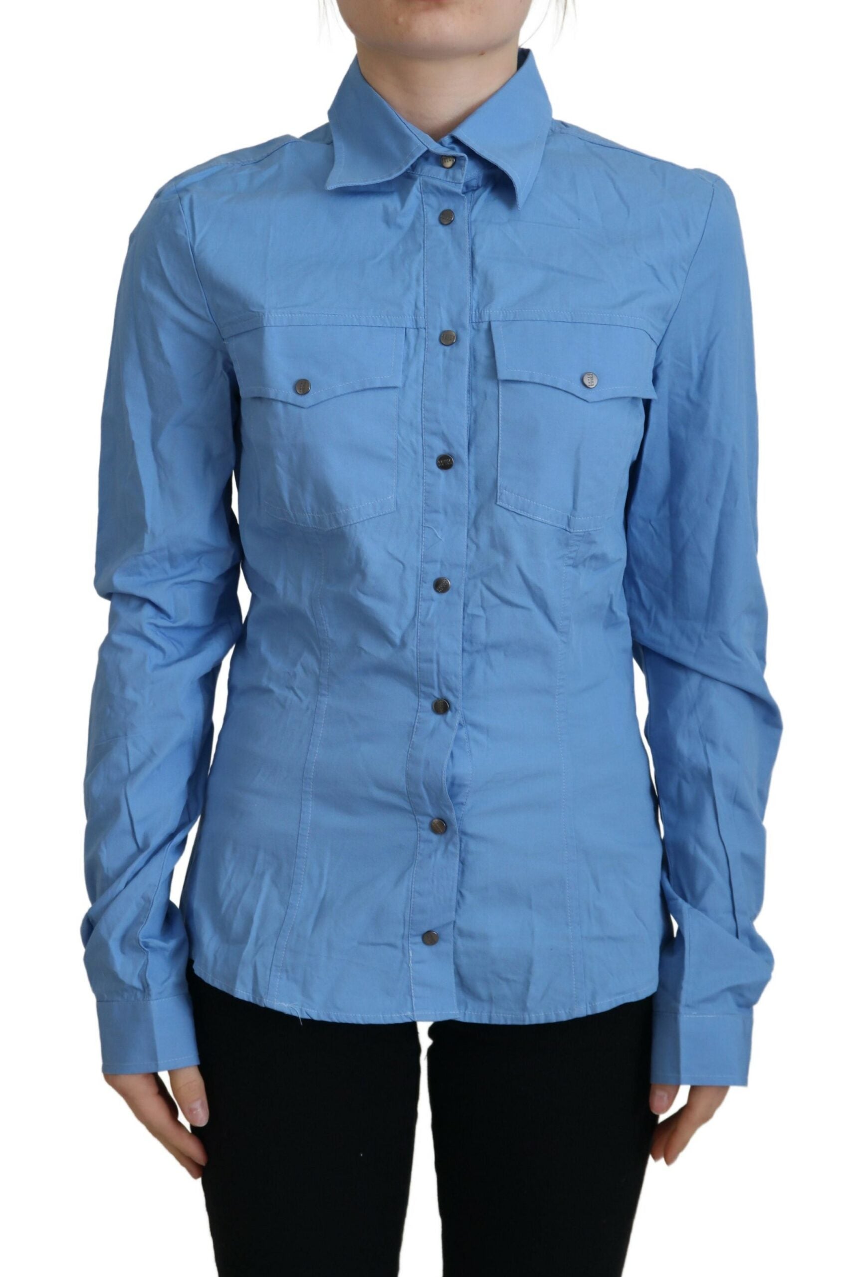 Elegant Blue Cotton Long Sleeve Polo Top