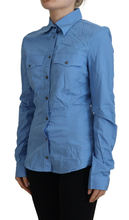  - Elegant Blue Cotton Long Sleeve Polo Top