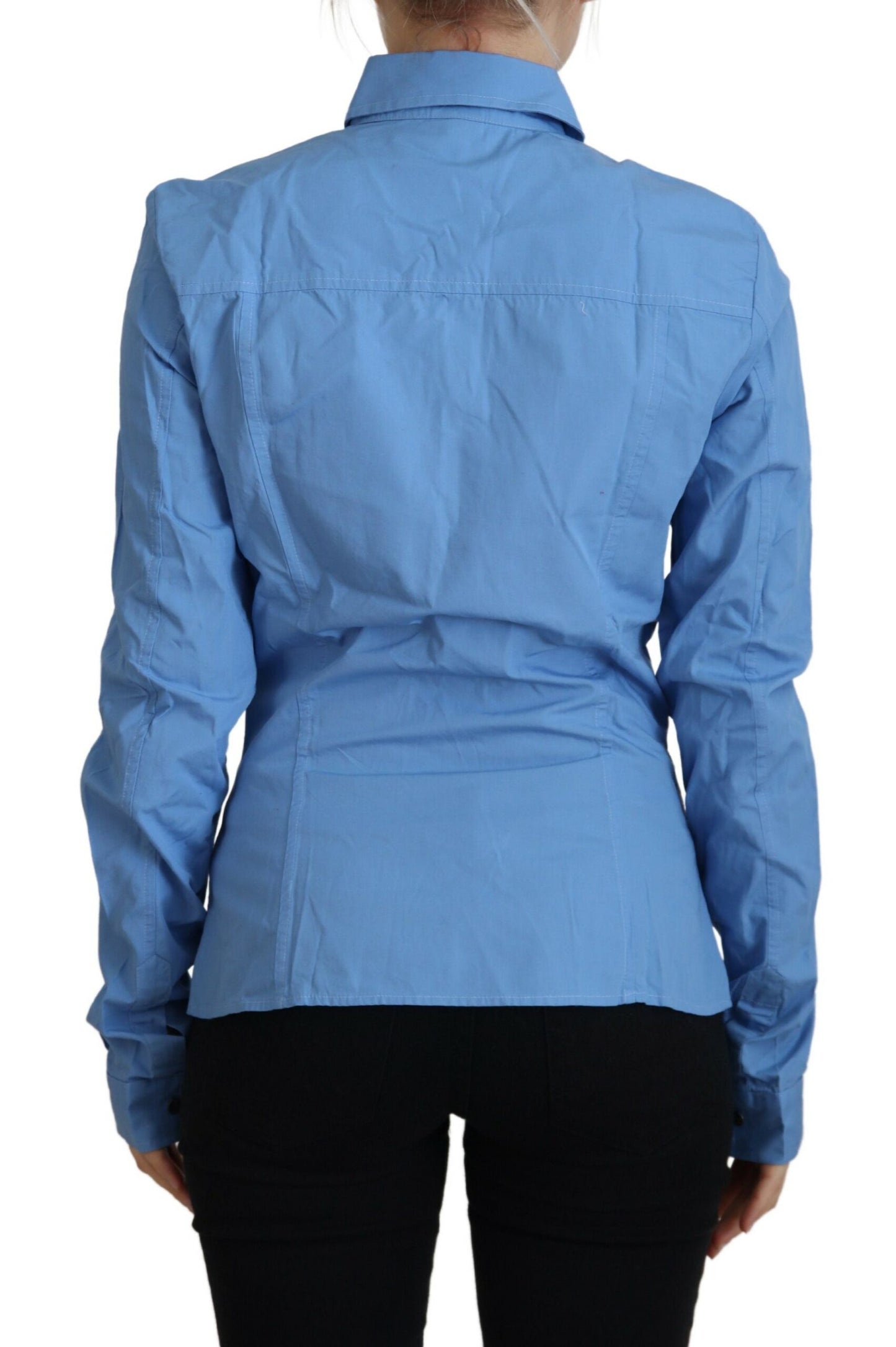  - Elegant Blue Cotton Long Sleeve Polo Top