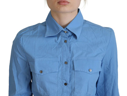  - Elegant Blue Cotton Long Sleeve Polo Top