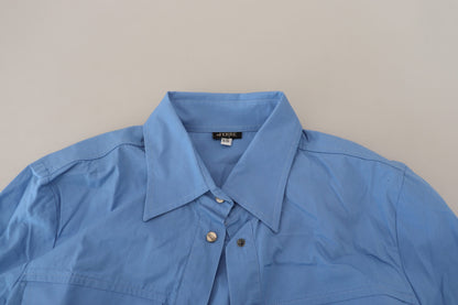  - Elegant Blue Cotton Long Sleeve Polo Top