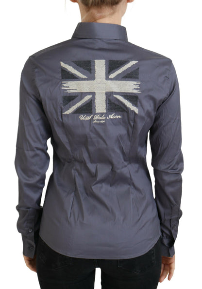  - Elegant Gray Long Sleeve Polo Top