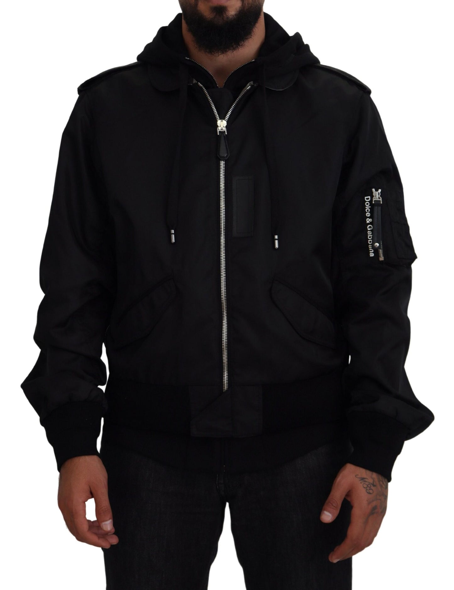  - Sleek Black Hooded Bomber Jacket