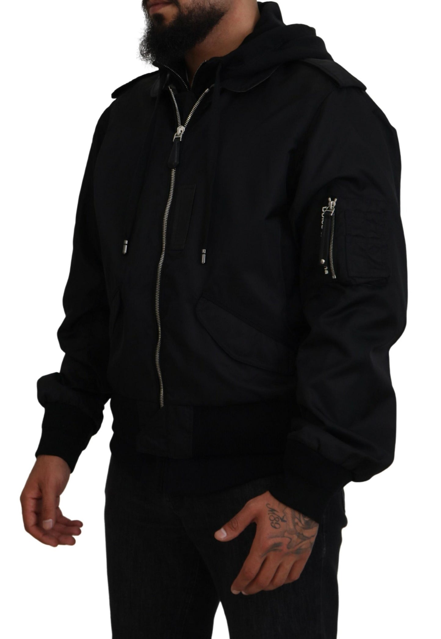  - Sleek Black Hooded Bomber Jacket