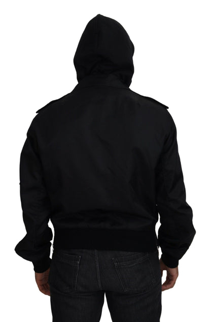  - Sleek Black Hooded Bomber Jacket