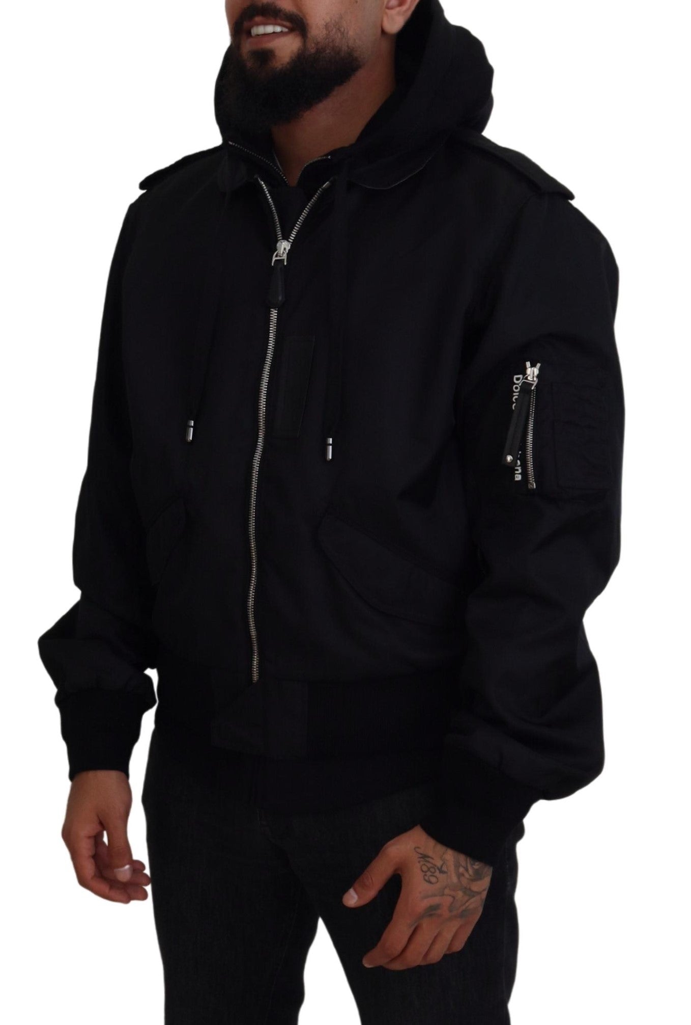  - Sleek Black Hooded Bomber Jacket