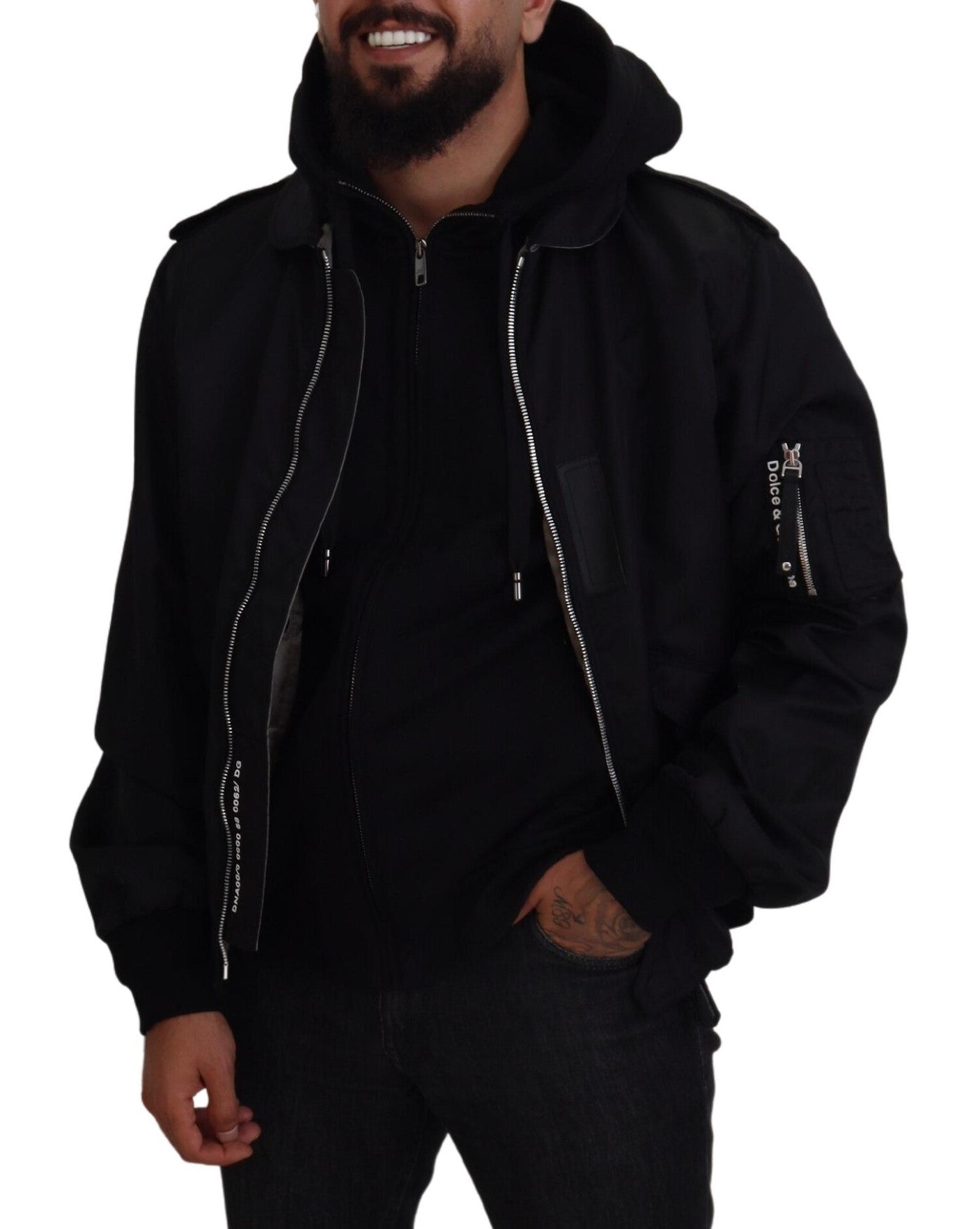  - Sleek Black Hooded Bomber Jacket