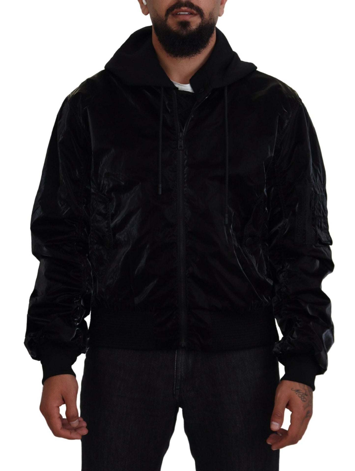  - Elegant Black Bomber Hooded Jacket