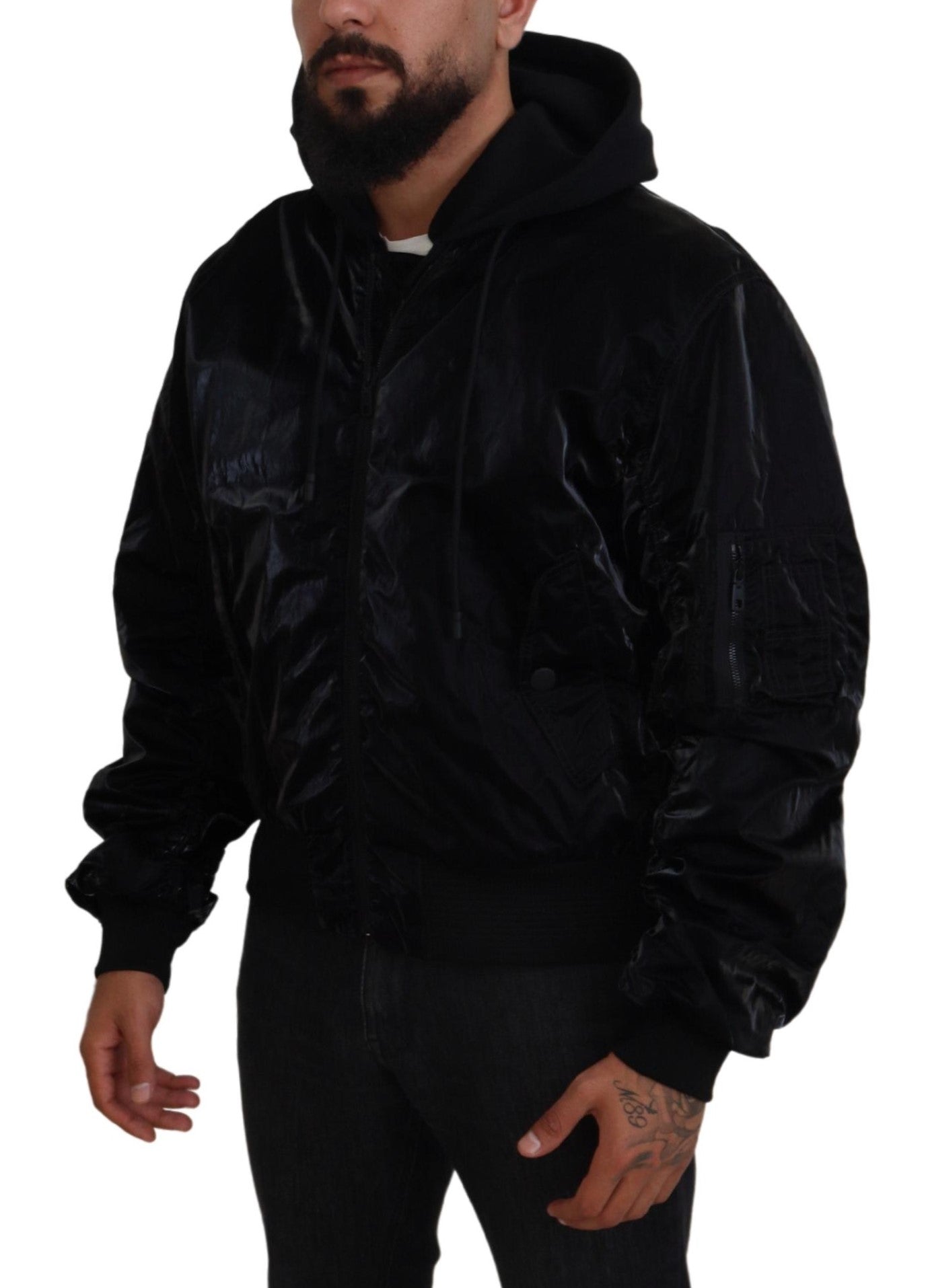  - Elegant Black Bomber Hooded Jacket