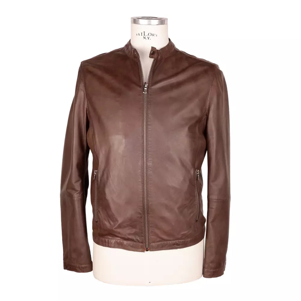  - Elegant Brown Leather Jacket with Snap Collar