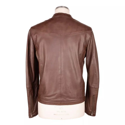  - Elegant Brown Leather Jacket with Snap Collar