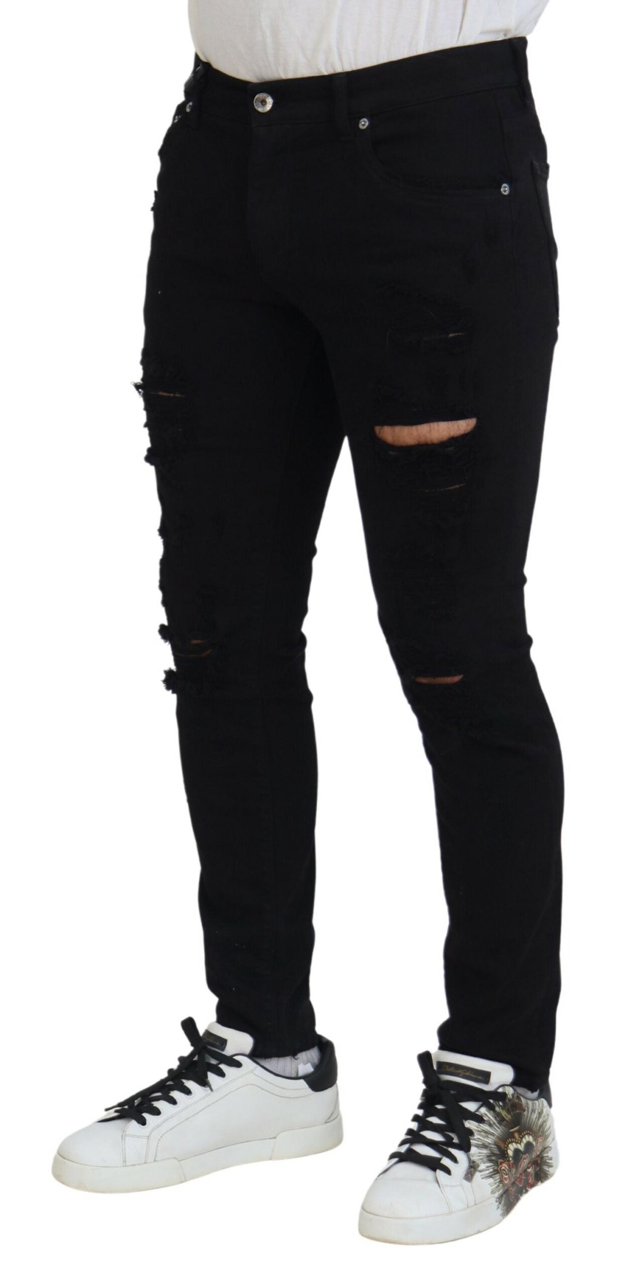  - Svelte Black Tattered Slim Fit Denim