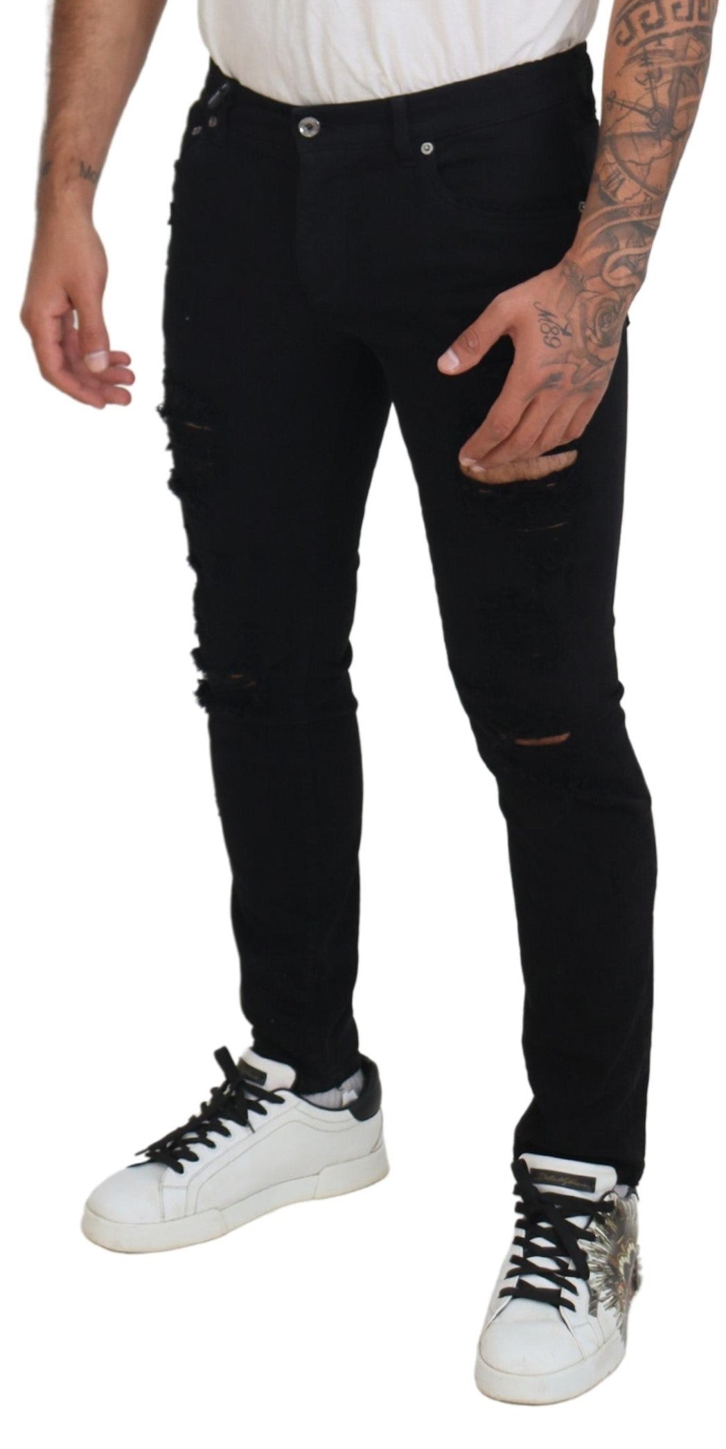  - Svelte Black Tattered Slim Fit Denim