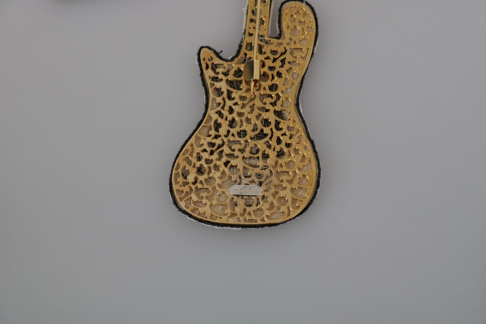 Gold and White Sequined Guitar Pin Brooch