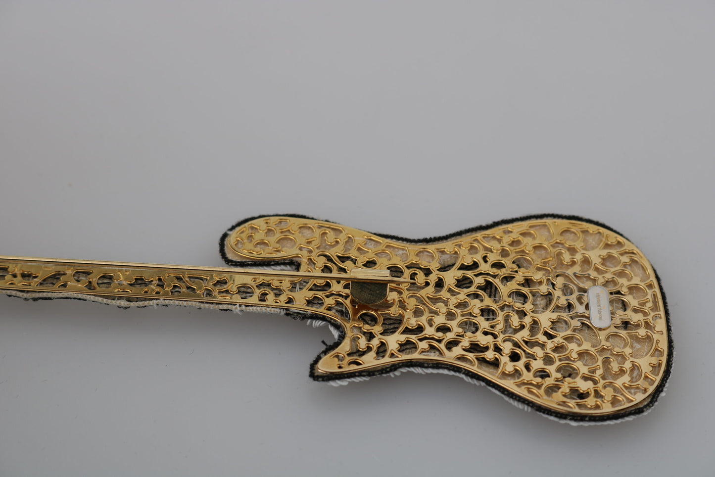  - Gold and White Sequined Guitar Pin Brooch