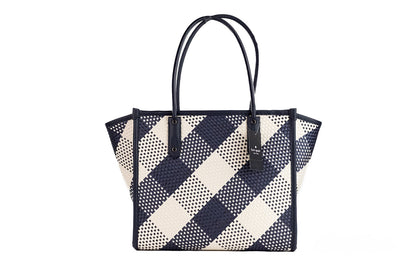  - Ella Gingham Blazer Blue Oversized Woven Shoulder Tote Bag Purse