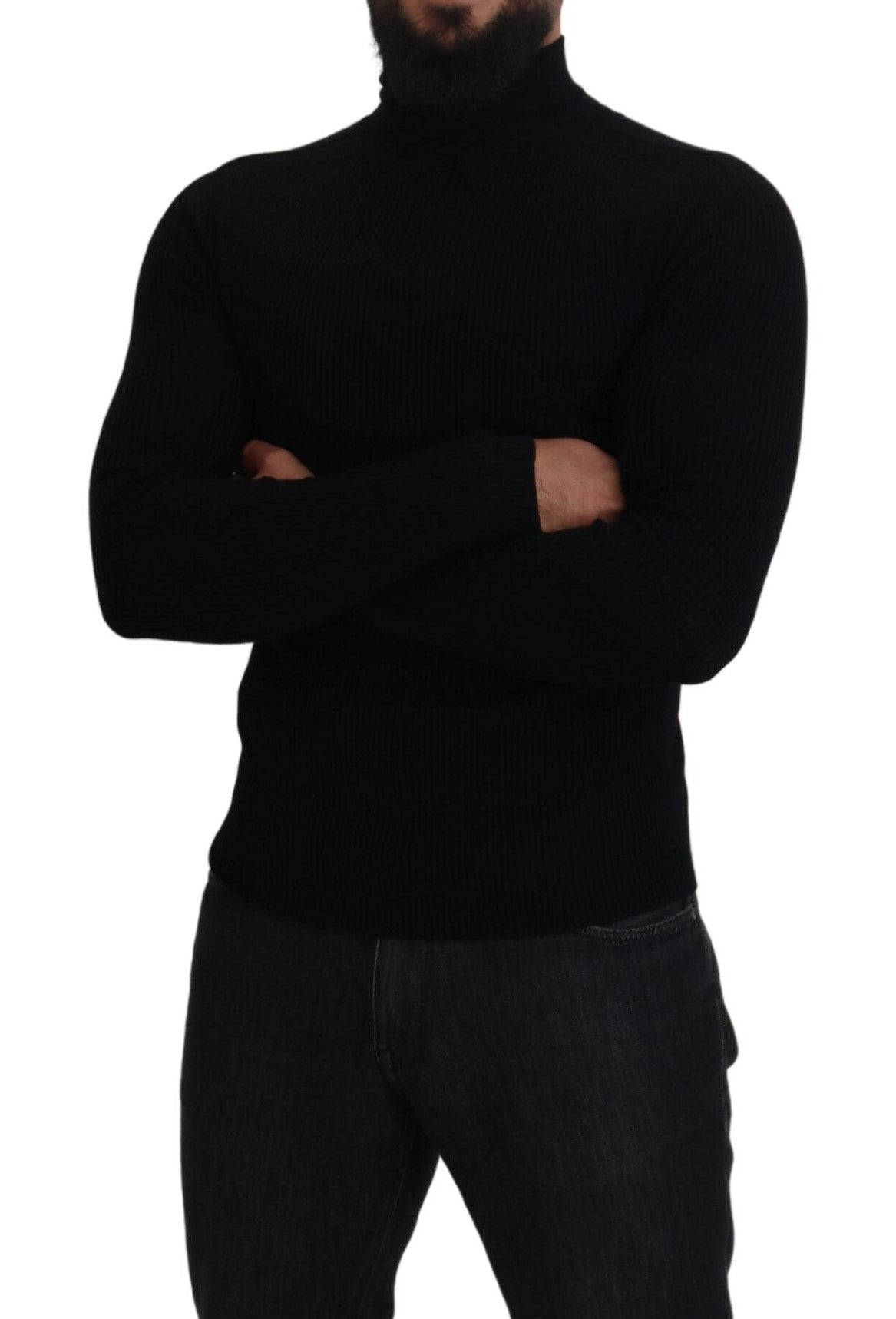 Elegant Black Wool Half Zip Turtleneck Sweater