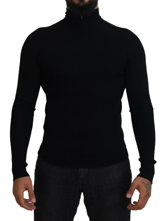  - Elegant Black Wool Half Zip Turtleneck Sweater