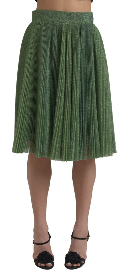  - Enchanting Metallic Green Pleated A-Line Skirt