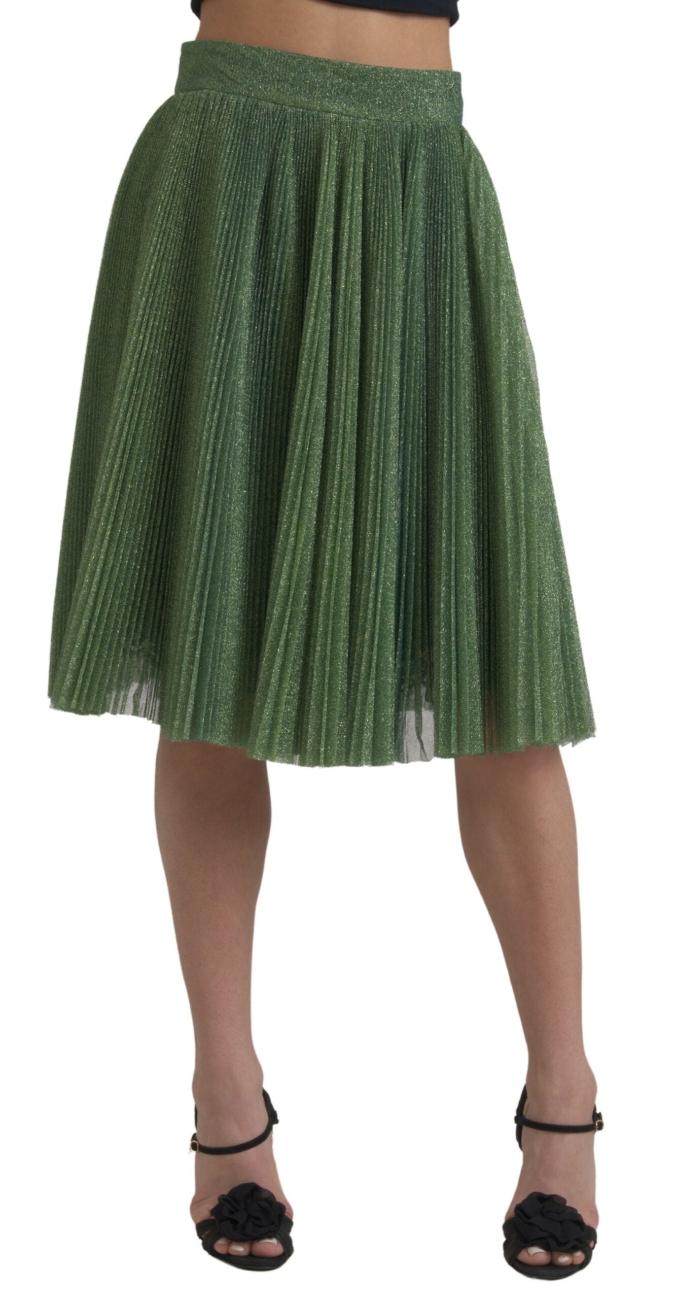  - Enchanting Metallic Green Pleated A-Line Skirt