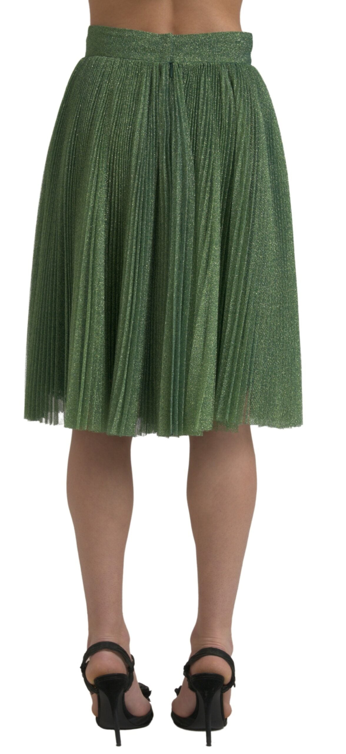  - Enchanting Metallic Green Pleated A-Line Skirt