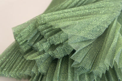  - Enchanting Metallic Green Pleated A-Line Skirt