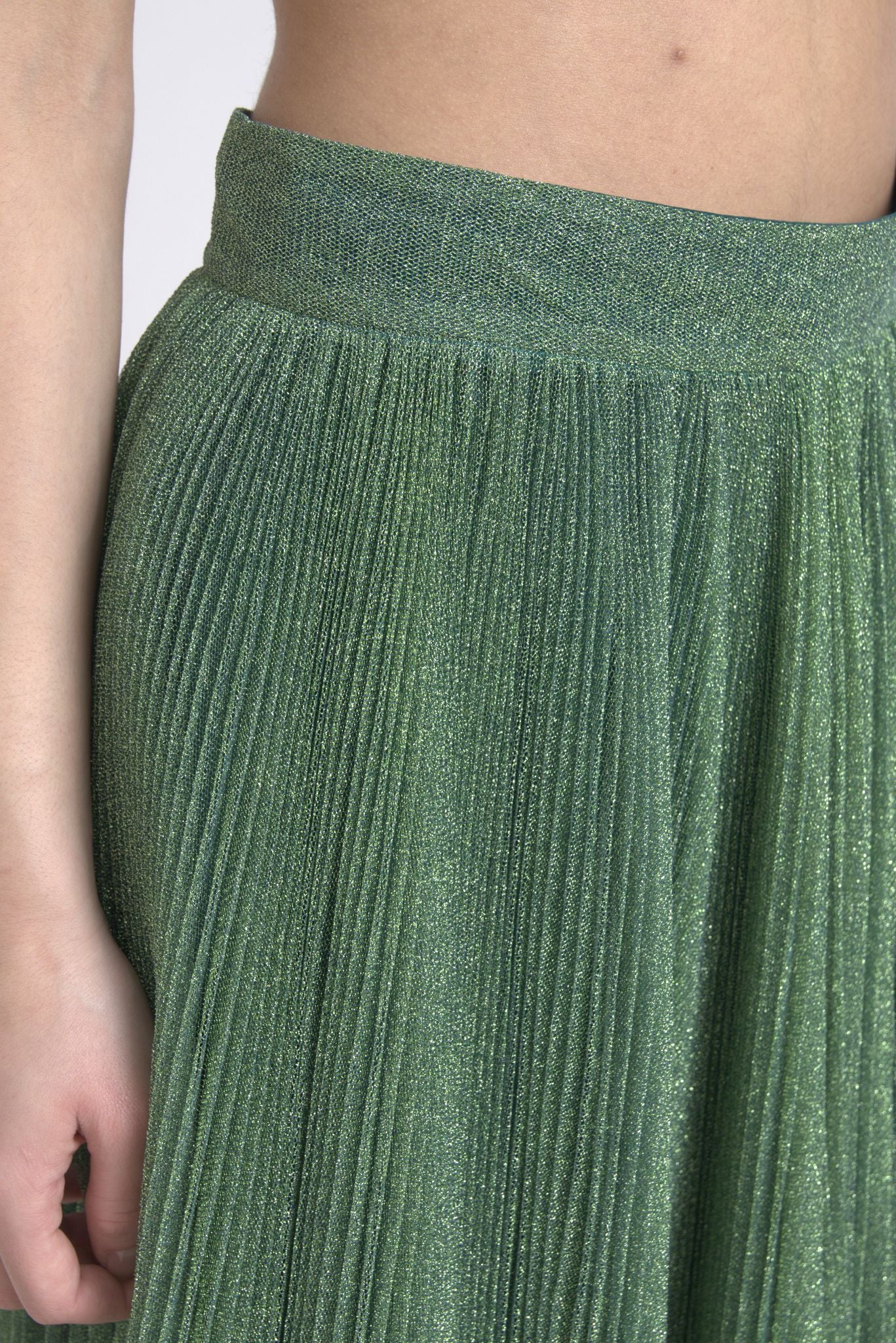  - Enchanting Metallic Green Pleated A-Line Skirt