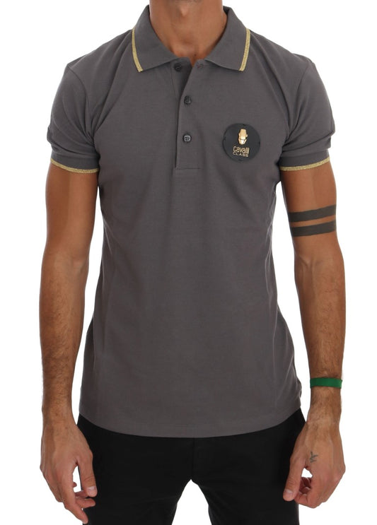  - Elegant Grey Cotton Polo Shirt