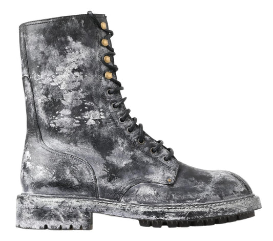  - Black and Grey White Fade Lace-Up Military Style Boots