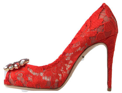  - Chic Red Lace Heels with Crystal Embellishment