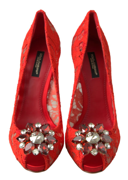  - Chic Red Lace Heels with Crystal Embellishment