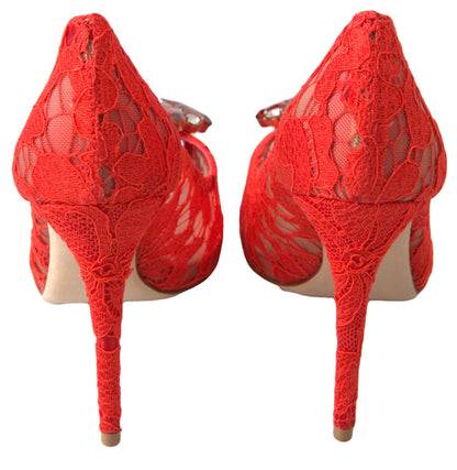  - Chic Red Lace Heels with Crystal Embellishment