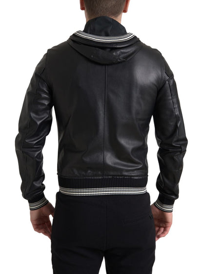  - Elegant Black Leather Bomber Jacket