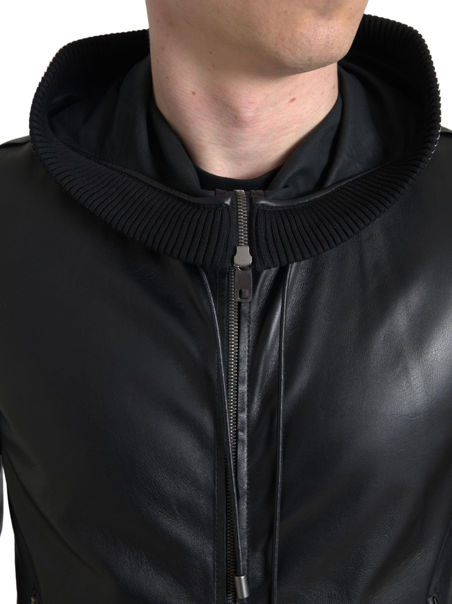  - Elegant Black Leather Bomber Jacket