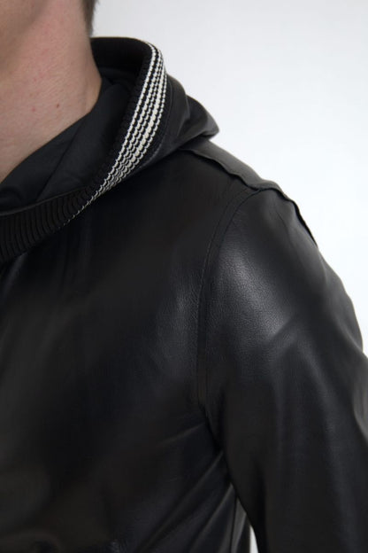  - Elegant Black Leather Bomber Jacket