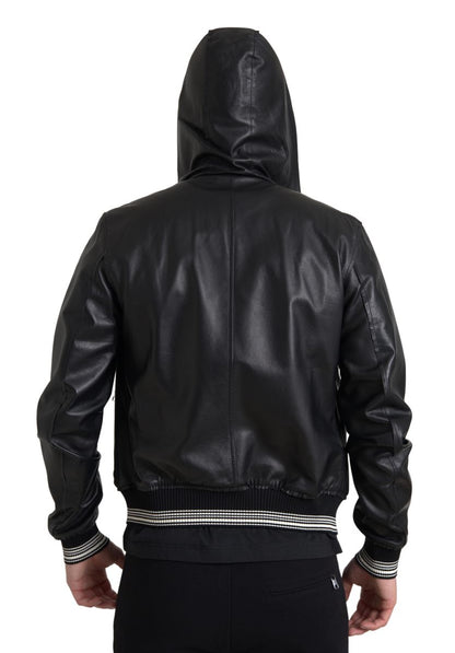  - Elegant Black Leather Bomber Jacket