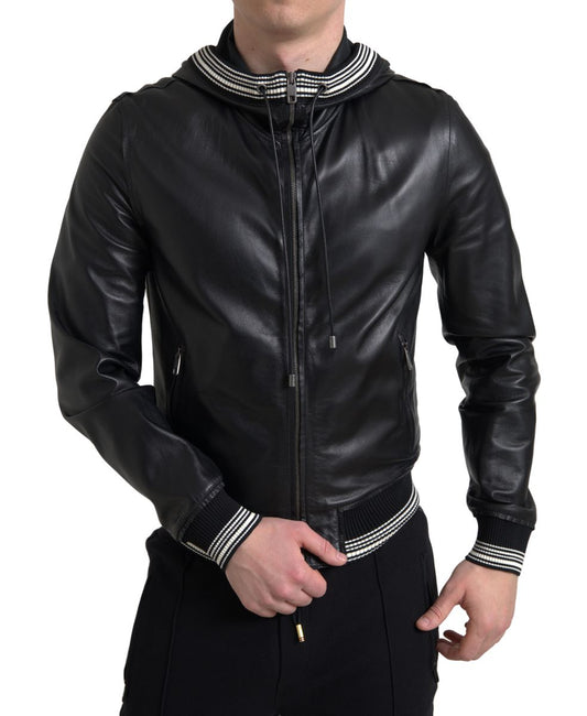  - Elegant Black Leather Bomber Jacket