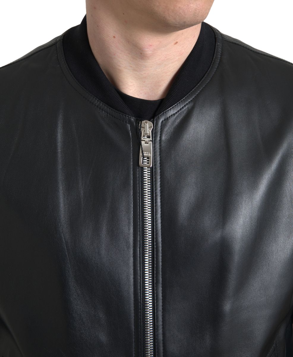  - Elegant Black Leather Bomber Jacket